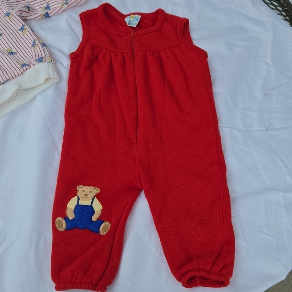 Vintage Red Baby Overalls with Bear Patch and Striped Sweater - Picture 3 of 8